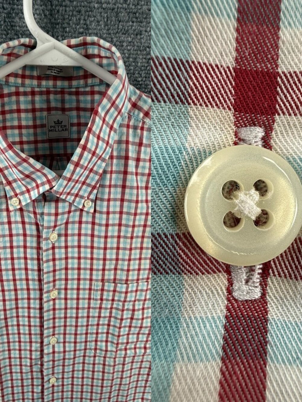 Peter Millar Blue Red Check Turkey Button-Down Large Cotton Long Sleeve Pocket